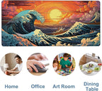 Gaming Desk Pad Large Extra Length Japanese Blue Waves Mouse Pad Keyboard Laptop Non-Slip Waterproof with Rubber Base Thick Stitched Edge Mouse Mat for Office Home 35.4 x 15.7 Inches