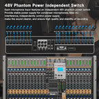 Professional Audio Mixer, 24 Channel Sound Board Mixing Console, Dual DSP Reverb, Dual 7-Band EQ, 48V Phantom Power, 4 Group Stereo Output Input, Mixer for Church