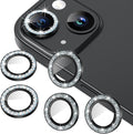 AGVEE 3+3 6 Pack for iPhone 15/15 Plus, Bling Diamond & Glitter Metal Ring 9H Tempered HD Glass Camera Protector Cover Film