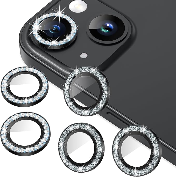 AGVEE 3+3 6 Pack for iPhone 15/15 Plus, Bling Diamond & Glitter Metal Ring 9H Tempered HD Glass Camera Protector Cover Film