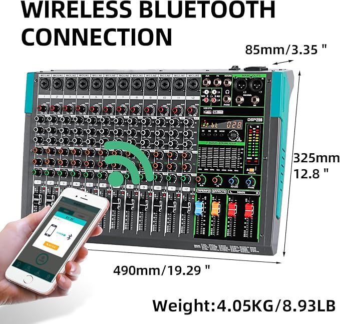 Depusheng PA12 Professional Audio Mixer Sound Board Console Desk System Interface 12 Channel Digital USB Bluetooth MP3 Computer Input 48V Phantom Power Built-in 256 Reverb Effect, Black