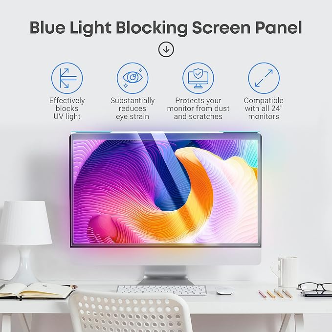VINTEZ Blue Light Screen Protector for 24 Inch Computer Monitor and Laptop – Anti-UV Blue Light Blocking Film for Desktop PC, Eye Protection Filter, 21.2" x 12.6", 2 Pack