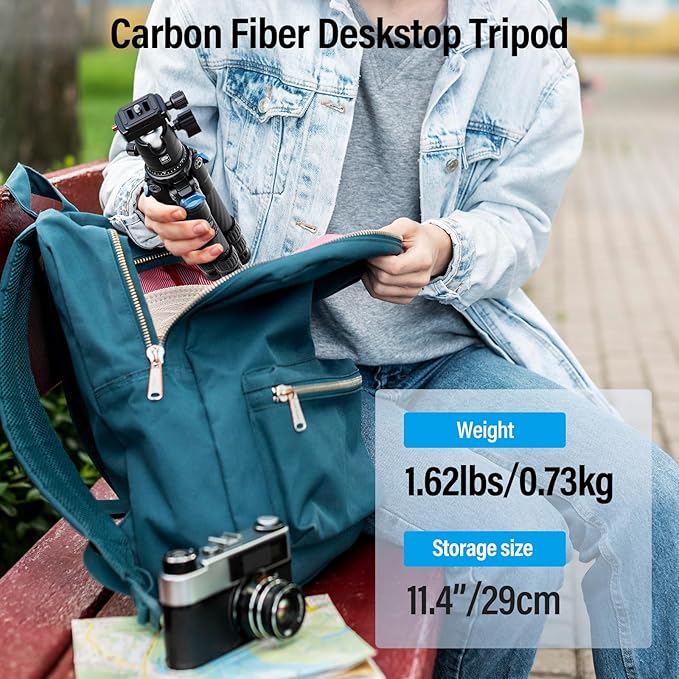 SIRUI Carbon Fiber Travel Tripod with 360° B-00K Arca-Swiss Ballhead, Mini Desktop Tripod for Mirrorless Cameras, Folded Height 12.1", Max Height 16.6″