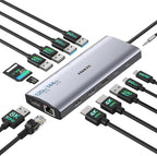 Triple Monitor Docking Station, 14-in-1 USB C Hub with DP 8K@30Hz/4K@144Hz, Dual HDMI 4K@60Hz, 100W PD, 7 USB Ports, SD/TF Card Reader, Gigabit Ethernet for MacBook & Windows Laptop
