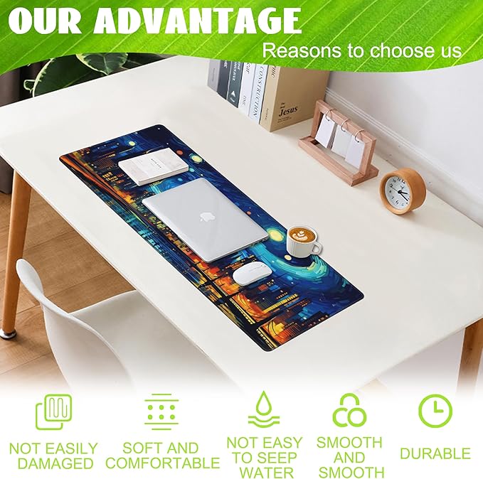 Desk Pad,City Starry Night Desk Mat,Abstract Oil Painting Large Gaming Mouse Pad for Desk,Extended Big Computer Keyboard Mouse Pad with Non-Slip Base and Stitched Edge,31.5"x11.8"