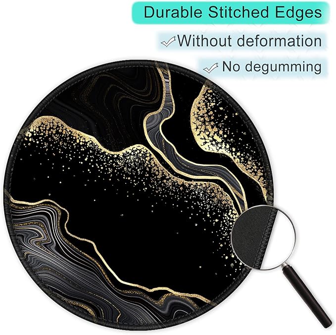 ITNRSIIET Round Mouse Pad with Stitched Edge Premium-Textured Waterproof Non-Slip Rubber Base Desktop Protection Mat Diameter 8.7 inches, Black Gold Marbling