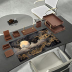 Golden Moon Desk Pad Black Desk Mat XXL Mouse Gaming Pads, Starry Sky Keyboard Pads Extra Large Desktop Computer Mats with Non-Slip Base & Stitched Edges, Vintage Office Decor 31.5" x 15.7"