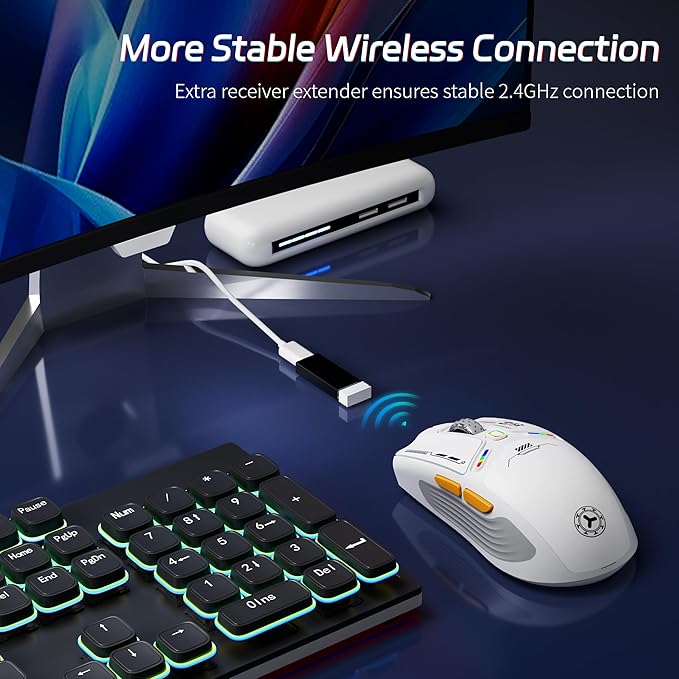 TENMOS M530 Wireless Gaming Mouse, 2.4G/Bluetooth/USB C Wired Rechargeable Mouse, 12000 DPI, RGB, 6 Programmable Buttons, Honeycomb Magnetic Cover, with Receiver Extender for Laptop/PC/Mac, White