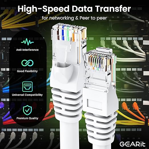 GEARit Cat 6 Ethernet Cable (20-Pack 5 Feet) Cat6 Network Patch, 10Gbps, RJ45, Snagless Cord, Gold-Plated Connectors, Internet for PC, TV, Tablet, Router, Printer, Servers, IT Data Center - White