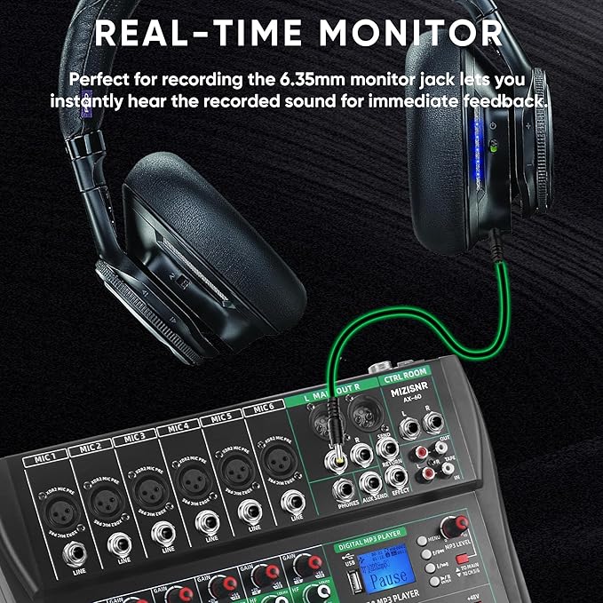 6 Channel Audio Mixer, Professional DJ Mixer Board Sound Music Mixing Console Digital Mixer with Reverb, Bluetooth, USB Port, 48V Phantom Power for Recording Karaoke Podcasting