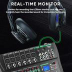 6 Channel Audio Mixer, Professional DJ Mixer Board Sound Music Mixing Console Digital Mixer with Reverb, Bluetooth, USB Port, 48V Phantom Power for Recording Karaoke Podcasting