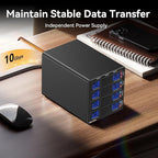Hybrid 2*2.5/3.5" SATA HDD/SSD+6* M / B+M Key M.2 NVMe Enclosure with Cooling Fan and USB A/C 3.2 Gen 2, Hard Drive Enclosure Support 92TB(2*22TB HDD+6*8TB 2230/2242/2260/2280/22110 SSDs)