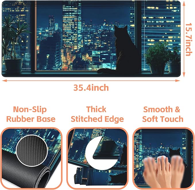 Mouse Pad Large Black Cat Non-Slip Gaming Desk Mat with Stitched Edge Laptop Keyboard Desk Pad for Work Home Gaming (35.4 x 15.7 Inches)
