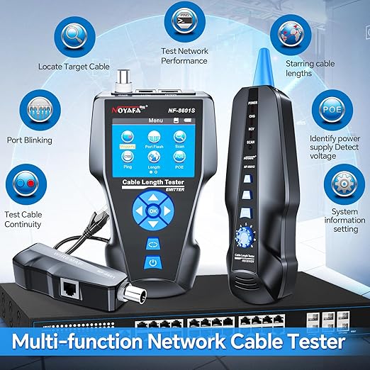 NOYAFA NF-8601S Network Cable Tester, Ethernet Tester Cable with LED Screen, PoE Test for RJ45/RJ11/BNC/Metallic Cable, Test Diagnostic Tool for PING Line Tracer, Crosstalk Test, Fault Location