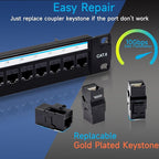 24 Port RJ45 Patch Panel Cat6 Feed Through, Coupler Network Panel 19 Inch, Inline Keystone Ethernet Patch Panel with Back Bar