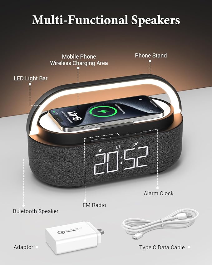COLSUR Bluetooth Speaker with Wireless Charger, FM Radio, Dimmable LED Night Light, Stereo Sound Dual Wireless Speakers, 2500mAh Portable Speaker for Home Decoration, Bedroom, Office, Gift