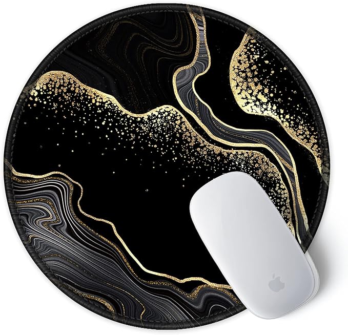 ITNRSIIET Round Mouse Pad with Stitched Edge Premium-Textured Waterproof Non-Slip Rubber Base Desktop Protection Mat Diameter 8.7 inches, Black Gold Marbling