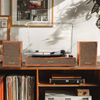 Vinyl Record Player with External Speakers, 3 Speed Vintage Stereo Turntable for Vinyl Records, Bluetooth Input, Auto Stop & Belt Driven System, RCA Out and Aux in - Brown Wood