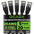 GEARit Cat 6 Ethernet Cable Pack - 5-Pack 20 ft Cat6 Ethernet Patch Cables | RJ45 Network Patch Cable, 10 Gbps Snagless Gold-Plated Connectors - Ethernet Cable Cat 6 for PC, TV, Router - Black
