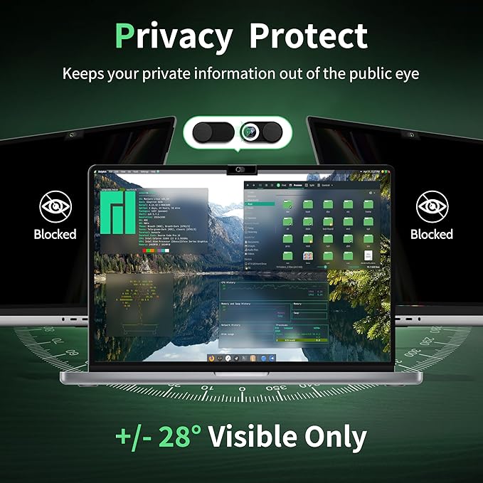 Privacy Screen for MacBook Pro 16 Inch(2024, 2023, 2022, 2021, M4-M1, Pro, Max), Anti Blue Light Glare Filter Removable Computer Protector, Bubble-Free Monitor Shield Laptop Film With Camera Cover