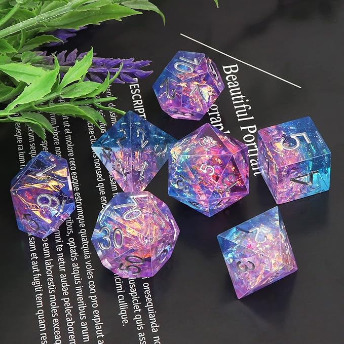 Haxtec Sparkling Sharp Edge Dice Set - Handmade Resin DND Dice with Iridescent Mylar Inclusion, Light Purple and Blue Color Mix-Enchanted Stardust