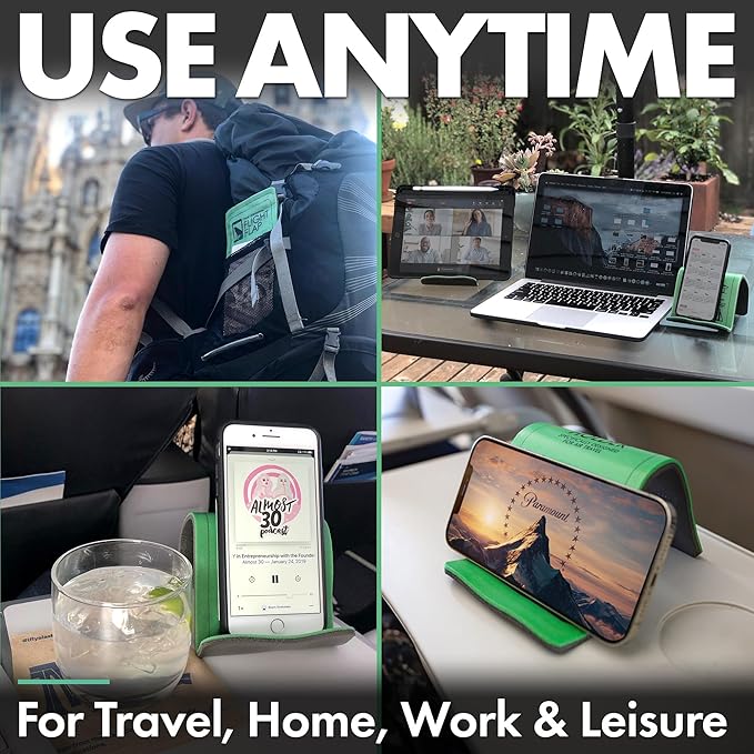 Airplane Phone Holder, Flexible Cell Phone Holder, Folding Cellphone Stand for Desk, Bed, Office, Treadmill - Airplane Accessories Long Flight Travel - Plane Essentials (Original Green)