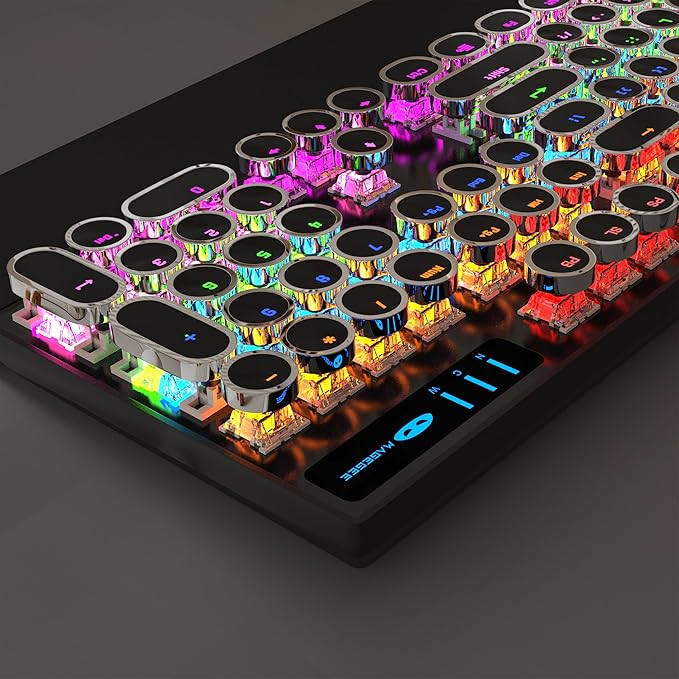 MageGee Typewriter Mechanical Gaming Keyboard, Retro Black Punk Round Keycaps RGB Rainbow Backlit Wired Keyboards for Laptop MAC PC Gamer, with Magnetic Wrist Rest - Blue Switch