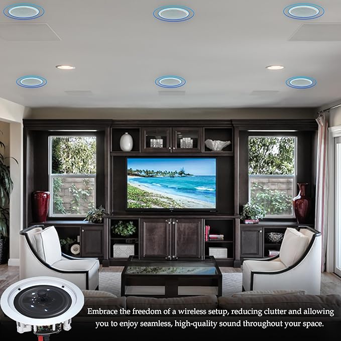 Home Audio System Kit - 7.2 Channel 1500W Bluetooth Amplifier w/ 8 Qty of 8" Framed Ceiling Speakers 300 W Each, 4-Ch Speaker Selector, 2 Qty of Mic, 250 ft Speaker Wire & Remote by Vaiyer