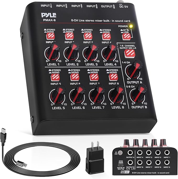 Pyle 8-Channel Wireless BT Streaming Mini Line Mixer with USB Audio Interface - 8 Mono/Stereo Switching Inputs | Ultra-low Noise Design with High Headroom | Built-in USB Sound Card - PMAX8