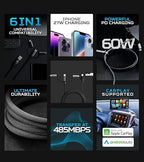 Futurizta Tech [Upgraded] Zeus-X 6 in 1 Universal Multi Cable (1.6ft/0.5m) Fast Charging 60W Laptop PD, QC3.0 & 27W iPhone Fast Charging & Data Sync, Military Grade Braided with Cable Organizer Strap