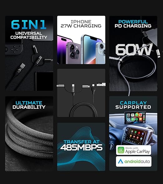 Futurizta Tech [Upgraded] Zeus-X 6-in-1 Universal Multi Cable (3.3ft/1m) Fast Charging 60W Laptop PD, QC3.0 & 27W iPhone Fast Charging & Data Sync, Military Grade Braided with Cable Organizer Strap