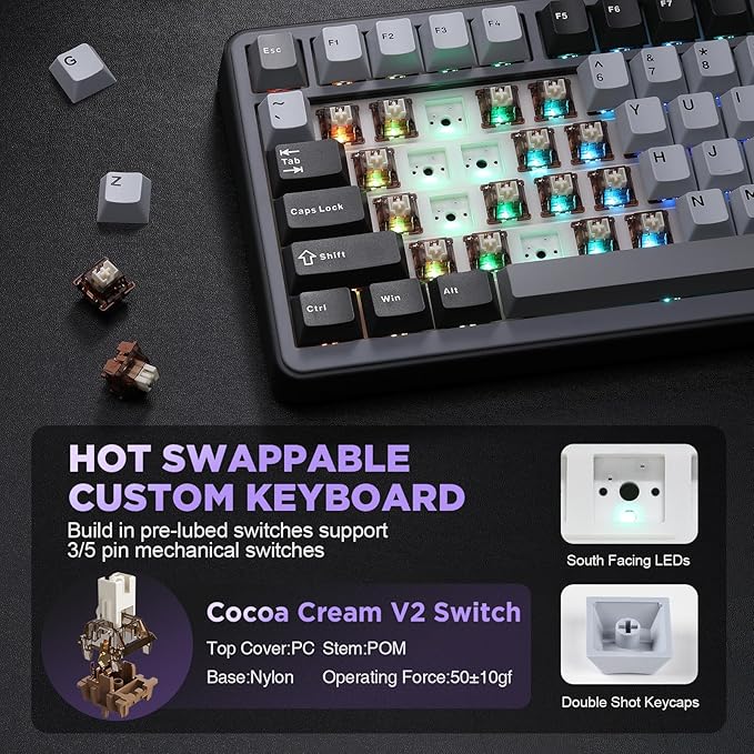 YUNZII B75 Mechanical Keyboard,75% Layout with Knob,Hot Swappable RGB Backlit Gasket Mounted, Creamy Typing, Double-Shot PBT Keycaps,Cherry Profile,for Win/Mac (Dark Grey, Cocoa Cream V2 Switch)