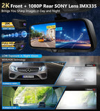 PORMIDO OEM 2K Rear View Mirror Camera,10" Mirror Dash Cam with Detached Front Backup Camera, Smart Full Touchscreen Rearview WDR Dashcam with Built-in GPS,64GB Card,Parking Monitor,Night Vision