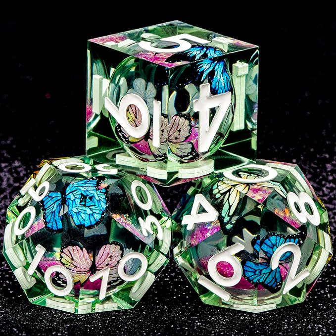 Butterfly DND Dice Pink Liquid Core Dice Set with Metal Box, Handmade Sharp Edge D and D Polyhedral Dice for use with D&D Role Playing Game, D20 D12 D10 D8 D6