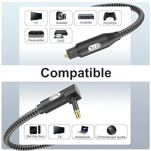 EMK Premium 90° Right-Angle Mini Toslink Cable (1.5Ft/0.5M) - 3.5mm Optical Digital Audio Cable for Sound Bars, TVs & Home Theater - SPDIF/Toslink Compatible, Black