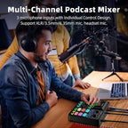 PUPGSIS Gaming Audio Mixer, Audio Interface for PC/Podcast/Streaming, Sound Board with 3.5mm/XLR Mic Input, 48V Phantom Power, Voice Changer, Live Sound Card with DJ Mixer Effects/Bluetooth/4 Channel