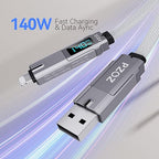 pzoz 4-in-1 USB C Fast Charging Cable with LED Display, Multi USBC Charger Combo Lightning/Type C/USB A Metal Ports for iPhone 16/15/14 Pro Max iPad MacBook AirPods Pro Samsung Google (140W, 5 ft)