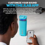 JLab JBuds Party Portable Bluetooth Speaker, 2 Full-Range Drivers + 2 Passive Woofers, IP56 Waterproof, 12 Hours Playtime, Connect Multiple Speakers, Custom Sound + RGB Lighting via App, Cyan