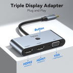 Selore USB C Docking Station 3 Monitors, USB C to Dual HDMI VGA Adapter with One-Touch Multi-Screen Switch and Screen On/Off Button, HDMI Splitter Converter for Dell, HP, Lenovo,MacBook Pro/Air, etc