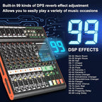 Depusheng TG8 professional dj audio mixer 8 channel input and dual group output with 99-bit dps reverb chip bluetooth usb recording and mp3 playback suitable for stage, bar, recording studio