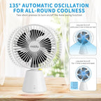 Miady USB Desk Fan, Upgraded 5000mAh Portable Desktop Fan 135°Auto-Oscillating 3 Speeds Mini Cooling Personal Table Fan for Home Office Travel Camping Outdoor