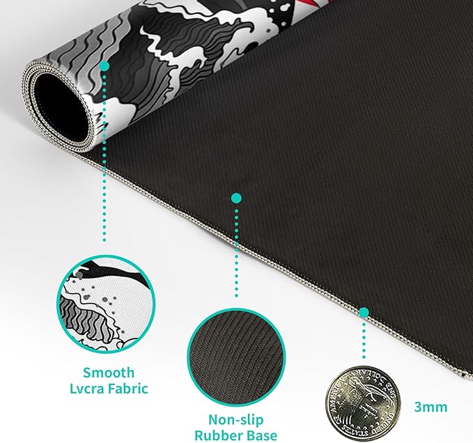 Japanese Red and Black Wave Gaming Mouse Pad Extended Large Mouse Mat Desk Pad Sea Texture Non-Slip Rubber Base Wave Mousepad Stitched Edges Keyboard Desk Pad for Office Home Game 31.5x11.8 Inch