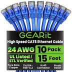 GearIT Cat 6 Ethernet Cable Pack - 10-Pack 15 ft Cat6 Ethernet Patch Cables | RJ45 Network Patch Cable, 10 Gbps Snagless Gold-Plated Connectors - Ethernet Cable Cat 6 for PC, TV, Router - Blue