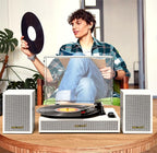 Vinyl Record Player with External Speakers, 3 Speed Vintage Belt Drive Turntable Record Player with Stereo Speakers RCA Audio Out and Aux-in, White Wood
