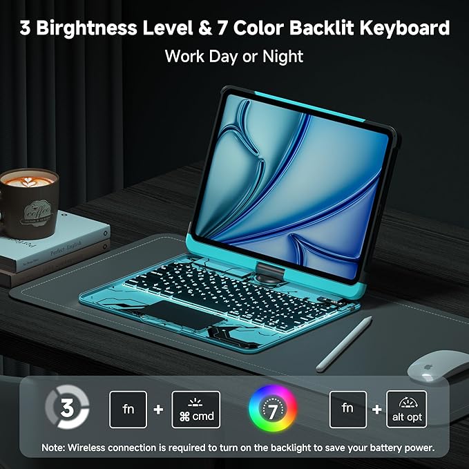 Keyboard Case for iPad 11 inch Pro 4/3/2/1st Gen & 11’’ iPad Air 2025 M3, 2024 M2 & 10.9" iPad Air 5th/4th Gen, 360° Rotating Stand Transparent Protective Cover with Pencil Holder (Cyan)