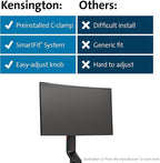 Kensington Single Monitor Desk Mount, C-clamp Vesa Stand Fits up to 32 inch Ultrawide Samsung LG , Low Profile Vertical Mount, Height Adjustable Free Standing Arm,K55512WW Black