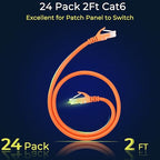 Rapink Patch Cables Cat6 2ft (24 Pack), Ethernet Patch Cable 10G Support, Cat 6 Patch Cable for Patch Panel to Switch, Flexiable Cat 6 Ethernet Cable with Gold Plated Orange