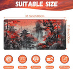 Desk Mat, Red Landscape Painting Desk Pad, Ink Painting Large Gaming Mouse Pad for Desk, 31.5"x15.7" Extended Big Computer Keyboard Mouse Pad with Non-Slip Base and Stitched Edge