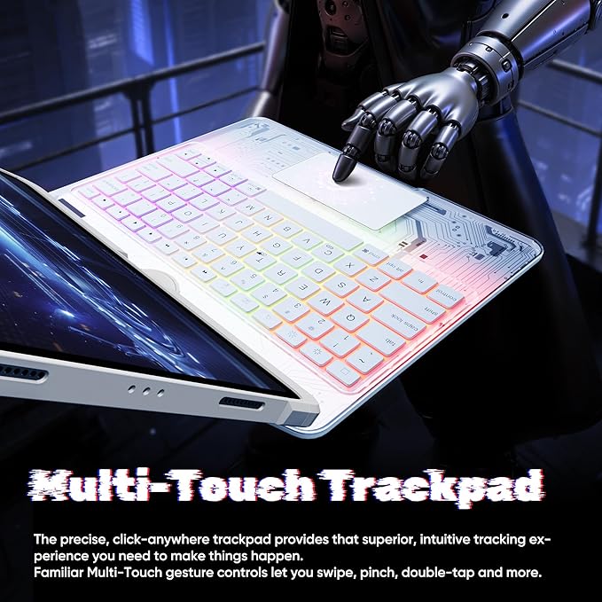 KITONE Transparent Case with Wireless Keyboard only for 2024 iPad Pro 11-in.(M4), 7 Colors Backlight, Trackpad, 360°Rotating Stand for iPad Pro 11(5th Gen), Tech Style