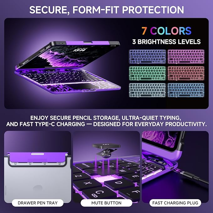 Transparent Case with Keyboard for iPad Air 13 Inch (M3/M2, 2025/2024), iPad Pro 12.9 Inch (6/5/4/3 Gen),7-Color Backlit,Magic wireless Keyboard, 360°Rotating,with trackpad,Pencil Holder,Purple